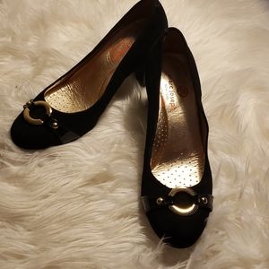 Marc Joseph Sz 6.5 Gold Black Suede Kitten Heel